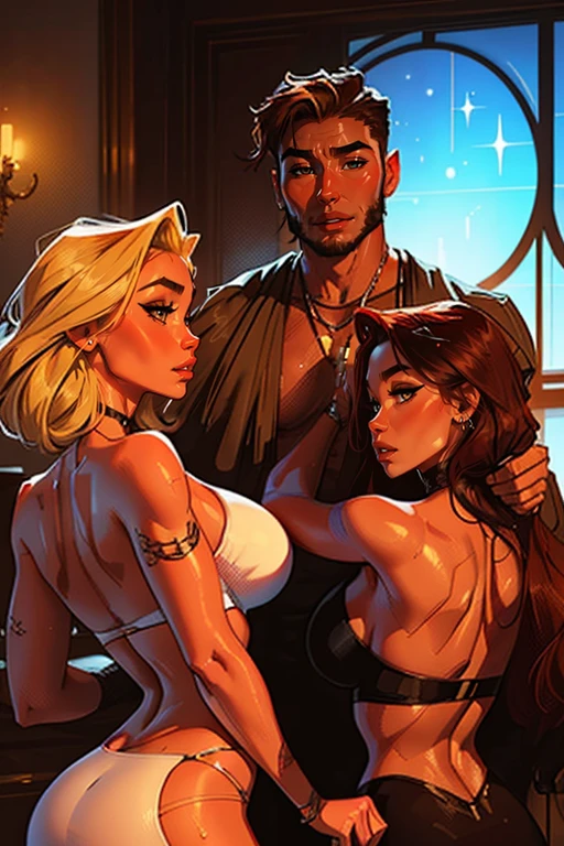 Muscular Handsome European ( tall&==((short-haired))) shirtless barbarian man with beard absolutely surrounded and being hugged and touched by (((three))) sexy women harem girlfriends bitches feeling his muscles and groin, (((women: long Flowing voluminous hair And curvy bodies with wide hips and nice asses))), women wearing robes and underwear in a state of undress for clothes with straps draped on arms and waistbands dipped on thighs, nobody looks identical, each person has a unique hair color and race and skin color, three of the hottest women to ever live loving this man, the three women share him as a boyfriend and enjoy helping him feel pleasure together, there are so many gorgeous women are here around this one man, they are desperately close to each other, expressions of ecstasy and joy and love on their faces, wrestling , hugging, tackling, massaging, grinding, Flirtatious, lounging in the fancy parlor room of a fantasy castle with windows,  worshipping him, sexual, kissing, sexualized positions, glowing glistening wet skin, tattoos, , jewelry, faces of pleasure and joy, pressing themselves together, romance novel cover poses, women competing for attention , one woman to his right and one woman to his left and one woman behind him, full body shot, (((ONLY ONE MAN))), orgy, if one woman has dark hair then the second one must have red hair and the third have blonde hair. If one is Asian than the other one is European and the third one is Polynesian and the fourth is African, nobody looks at the camera, everybody looks into another person's eyes, some women face Forward while other's face sideways and others face behind but all of them are facing the man