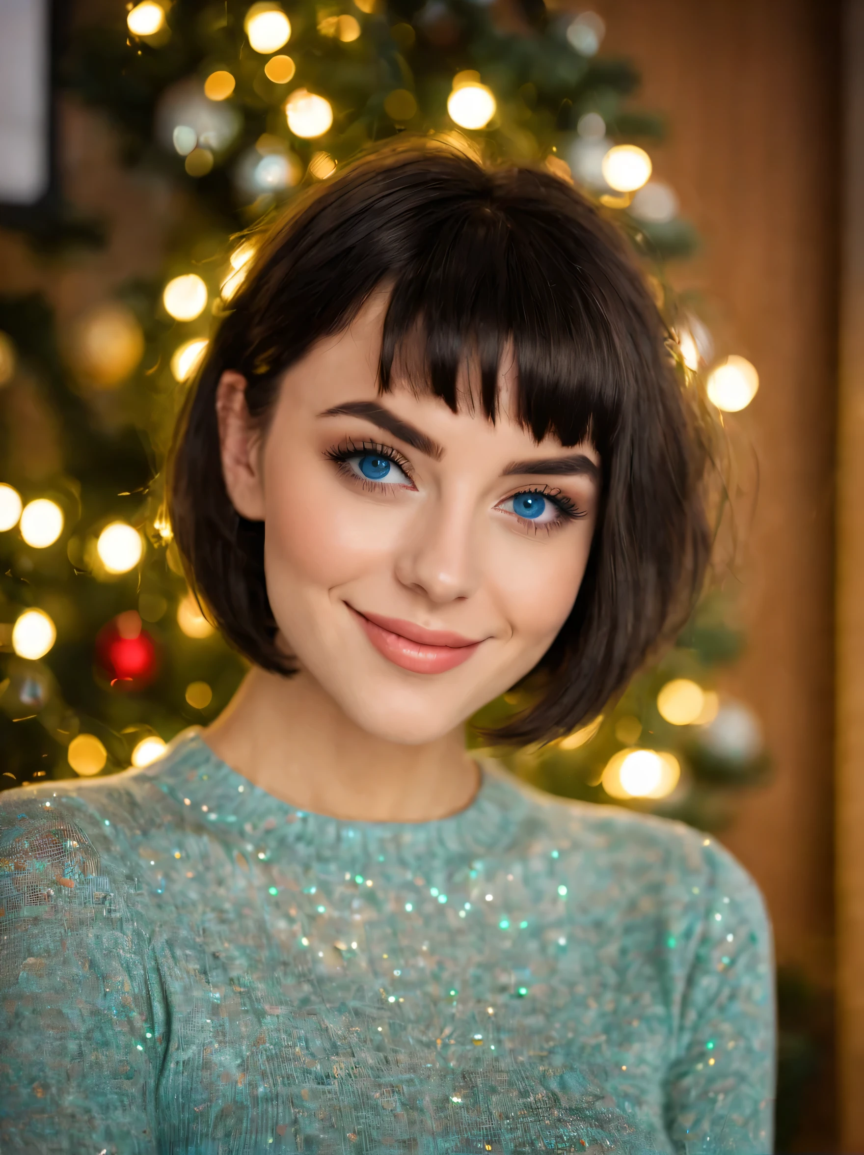 professional analog photo of a eyed brunette girl, black short hair (bob short hair:1.2), oval face, beautiful face, smile, Beautiful details eye, glossy eyes with high detail ((blue eyes:1.1)), ((Joana Gate 23 years old)), ((instagram model)), (fit body:1.5), perfect pussy, (fairy lights:1.1), sexy chrismas outfit, slender curvy body, posing in front of christmas tree, long hair, christmas lights, ((cozy)), smiling, ass, bokeh, morning, Add_Details_XL-fp16 algorithm with octane 4d rendering, aw0k euphoric style rfktrstyle - - niji 50 - - testp - - q 50 - - chaos ,