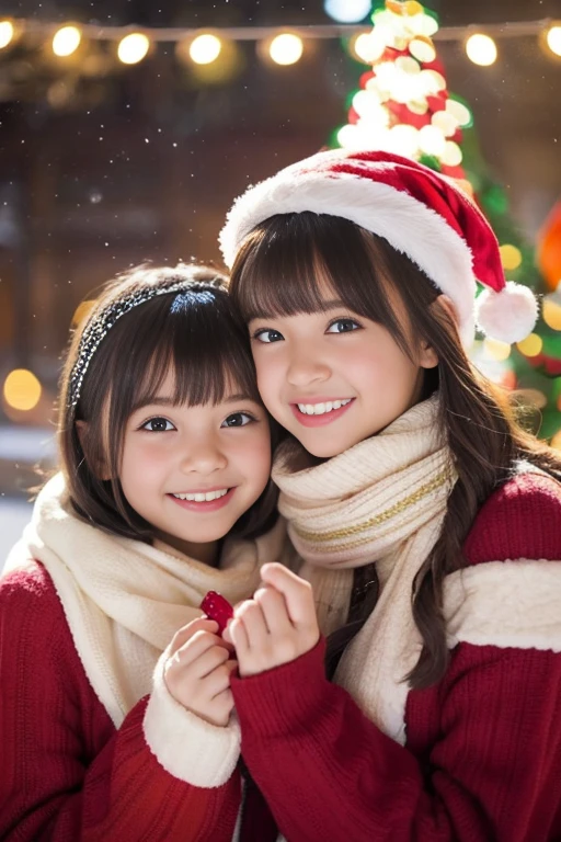 (Best Quality,Photorealistic,hight resolution),2girls,Beautiful detailed eyes,Beautiful detailed lips,Smiling,Laughing,Cute,Christmas Eve,Happy,having fun,Winters,Joyful,excited,Twinkling lights,Decorated Christmas Tree,clew,cosy atmosphere,Warm fireplace,magical moments,sparkling stars,Glowing candles,snowflakes falling,ground covered with soft snow,colorful holiday decorations,red and green colors,no clothes,Happy memories,cherish sisterhood,love and laughter、12-year-old sisters、a baby face、childish、Looking at the camera、Present Box、