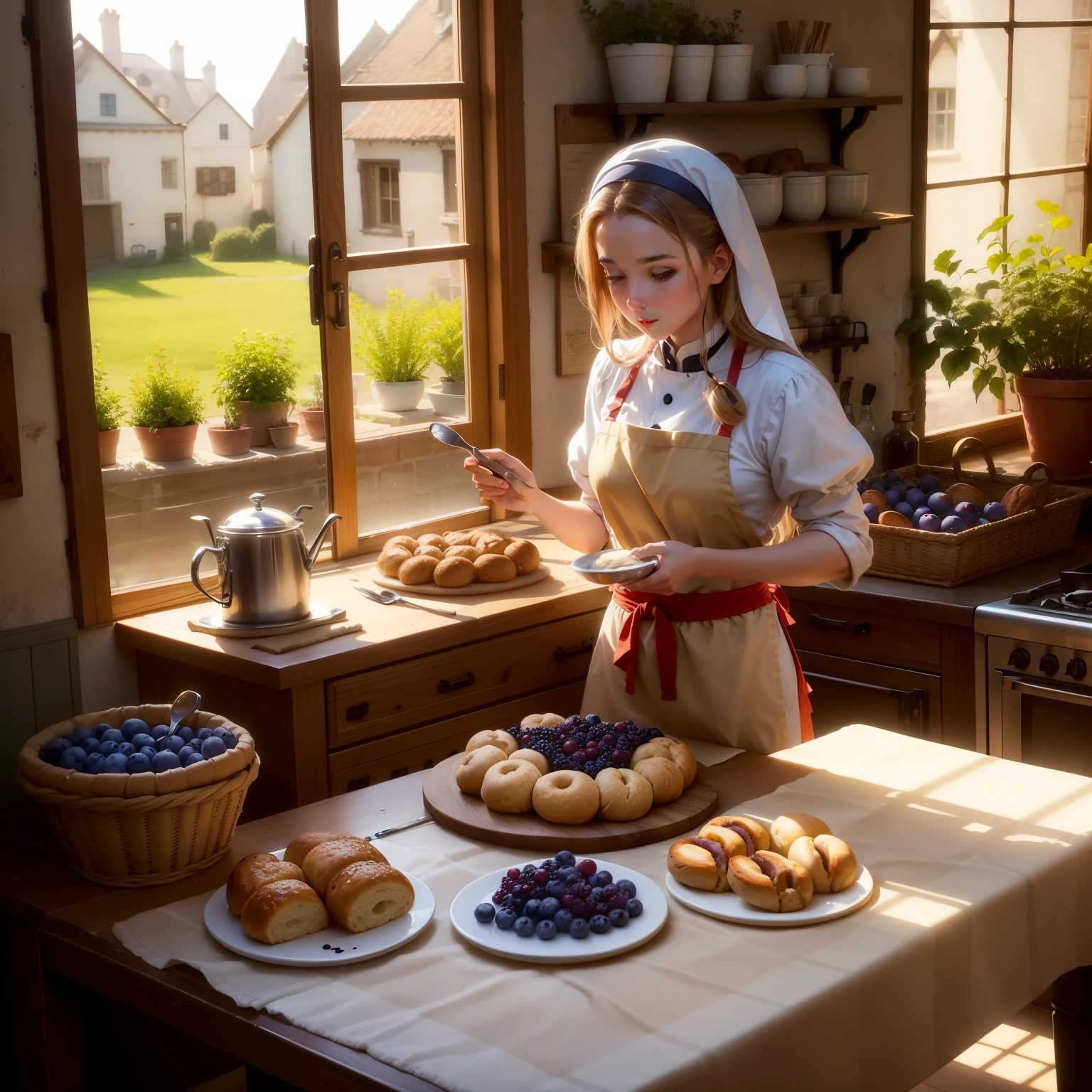 In the bakery, There are baked bagels on the table and table. Puppet cat in chef's clothes touches blueberry sauce on a cut bagel with a spatula. In the Middle Ages, The sun shines brightly. In the morning, Outside there is a lush garden