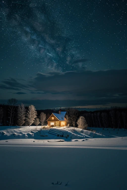 Small village house, standing on the edge of a winter forest on a starry New Year's night