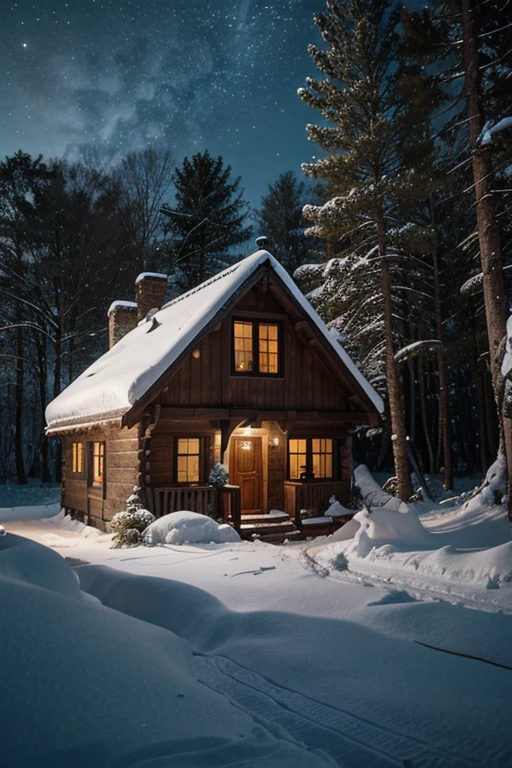 Small village house, standing on the edge of a winter forest on a starry New Year's night