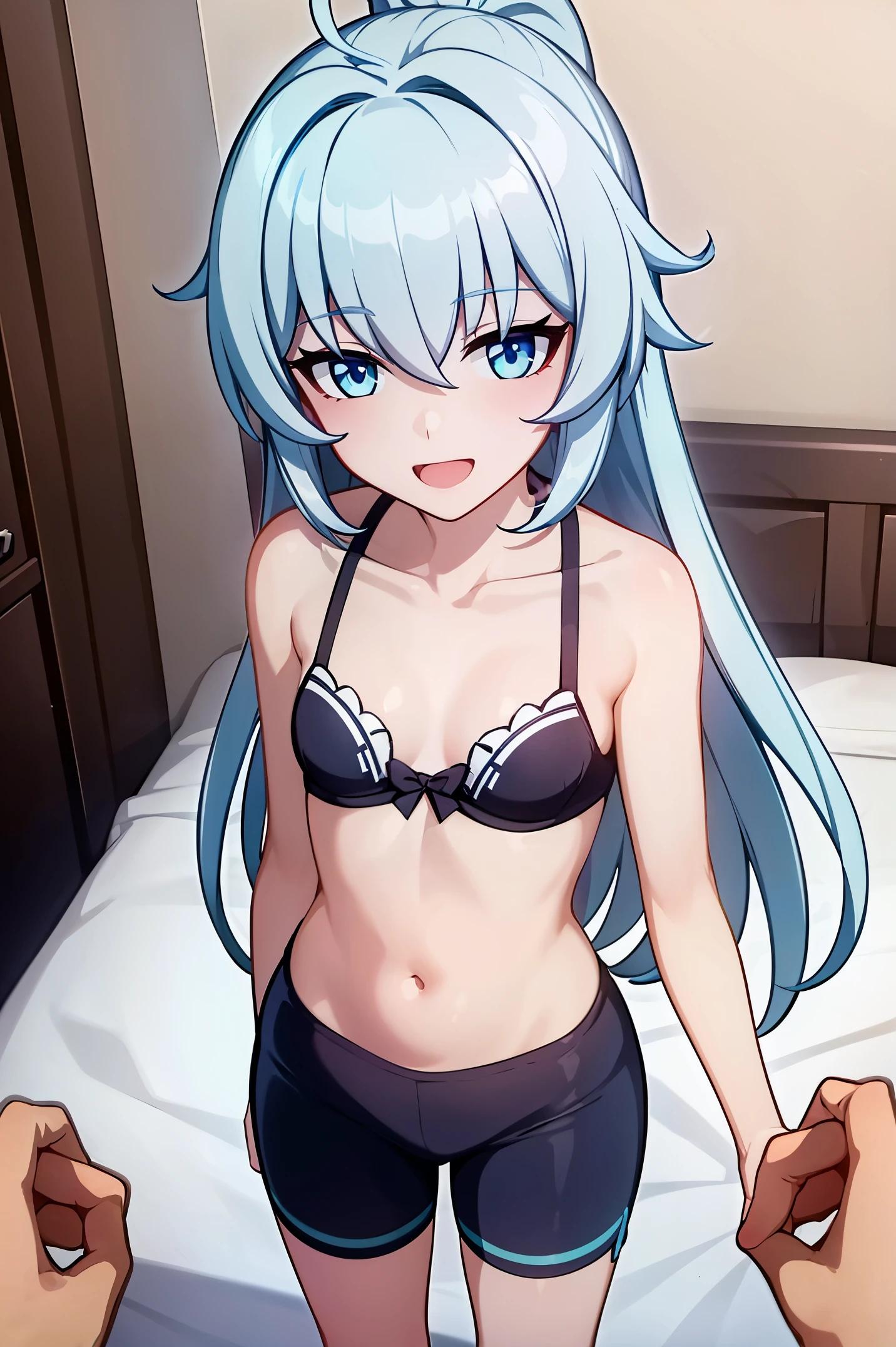 1 girl, best quality, ultra high res, long hair, blue hair, blue eyes, shigure kira, looking at viewers, small breast, standing, pov, slim body, loli body, small body, short body, smile, open mouth, white bra, black bike shorts, bedroom, white bed sheets,