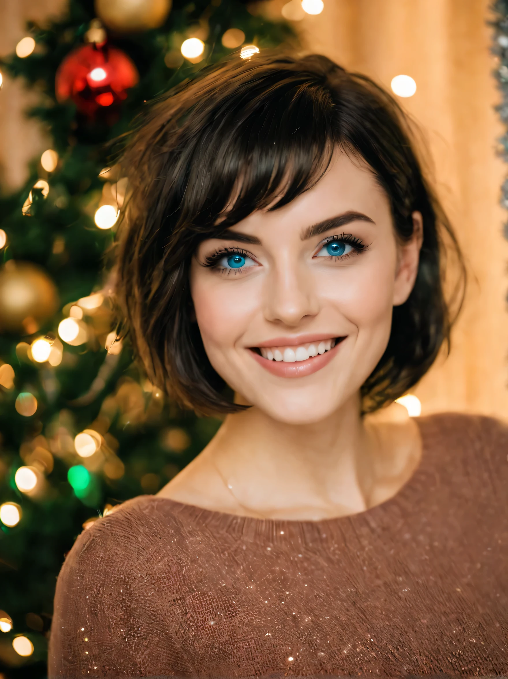 professional analog photo of a eyed brunette girl, black short hair (bob short hair:1.2), oval face, beautiful face, smile, Beautiful details eye, glossy eyes with high detail ((blue eyes:1.1)), ((Joana Gate 23 years old)), ((instagram model)), (fit body:1.5), perfect pussy, (fairy lights:1.1), sexy chrismas outfit, slender curvy body, posing in front of christmas tree, long hair, christmas lights, ((cozy)), smiling, ass, bokeh, morning, Add_Details_XL-fp16 algorithm with octane 4d rendering, aw0k euphoric style rfktrstyle - - niji 50 - - testp - - q 50 - - chaos ,