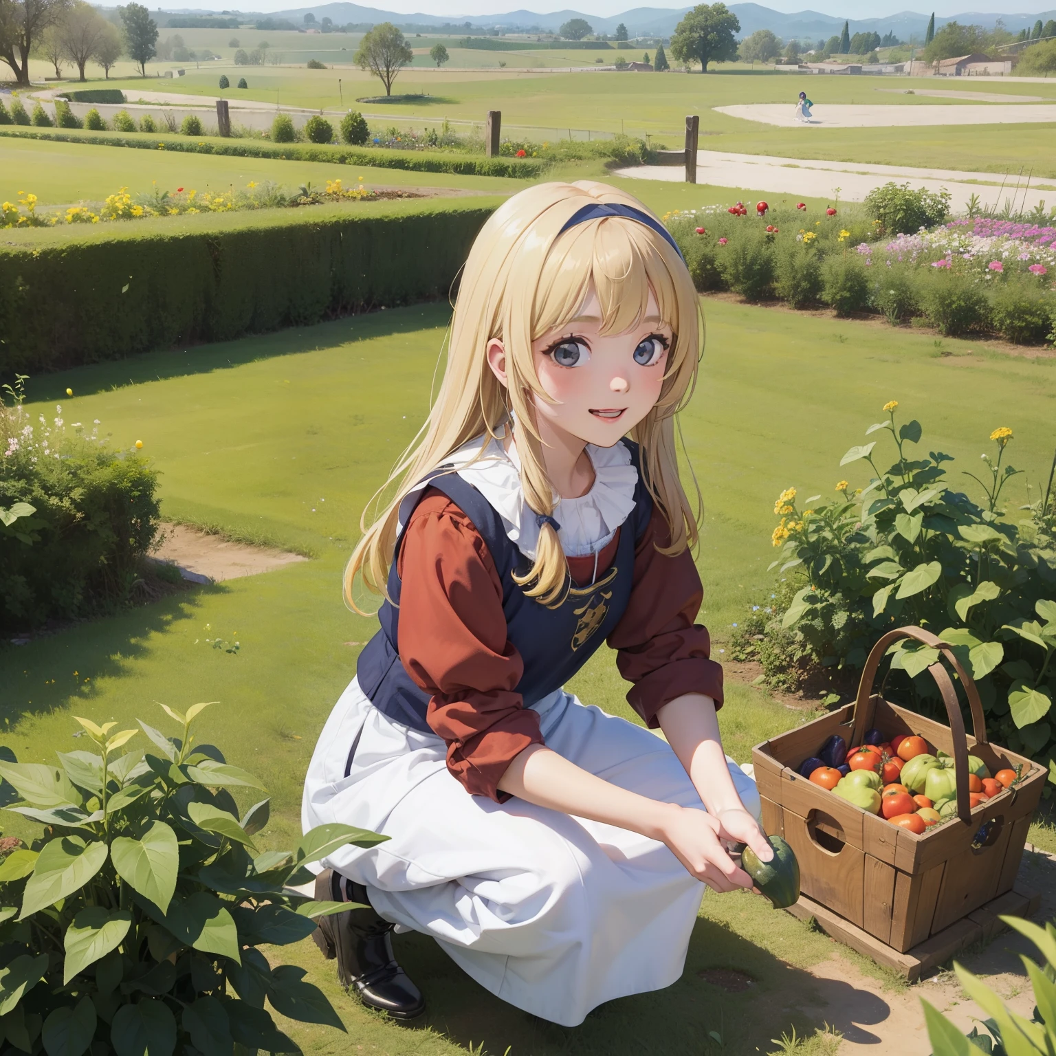 image of smiling peasant girl singing, dressed, crouching, picking vegetables in an open-space garden with medieval vilareijo in the background,