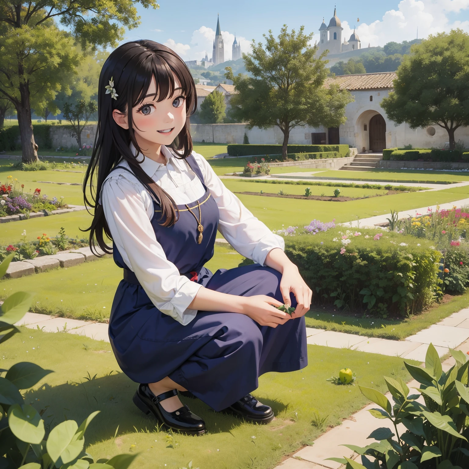 image of smiling peasant girl singing, dressed, crouching, picking vegetables in an open-space garden with medieval vilareijo in the background,