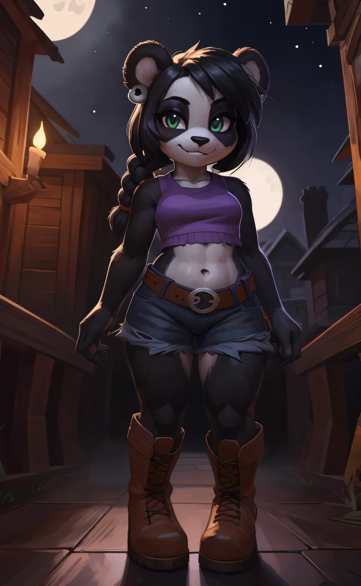 [Yaya Panda], [Uploaded to e621.net; (Pixelsketcher), (wamudraws)], ((masterpiece)), ((HD)), ((solo portrait)), ((full body)), ((front view)), ((feet visible)), ((furry; anthro)), ((detailed fur)), ((detailed shading)), ((beautiful render art)), ((intricate details)), {anthro panda; white fur, (black fur on arms), (black fur on legs), black nose, (cute green eyes), (short eyelashes), (black eyeshadow), (long black hair), (braided hair), (curvy hips), (beautiful legs), (blushing), (cute smug grin), (excited expression)}, {(purple crop top), (navel), (ripped jean shorts), (brown boots), (skull belt buckle), (skull earrings)}, {(standing), (looking at viewer)}, [background; (haunted house), (candles), (fog), (nighttime), (starry sky), (ambient lightings)]