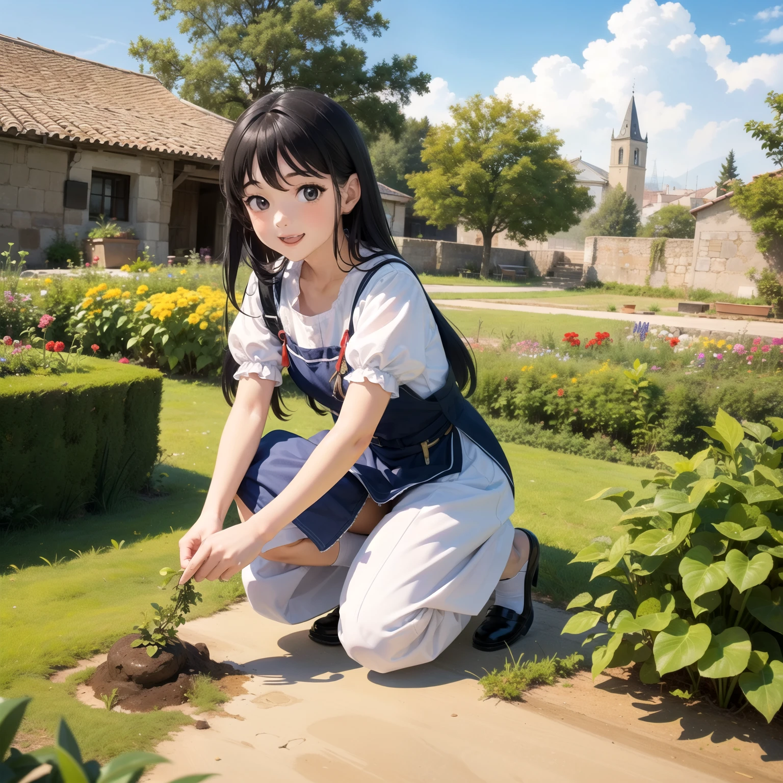 image of smiling peasant girl singing, dressed, crouching, picking vegetables in an open-space garden with medieval vilareijo in the background,