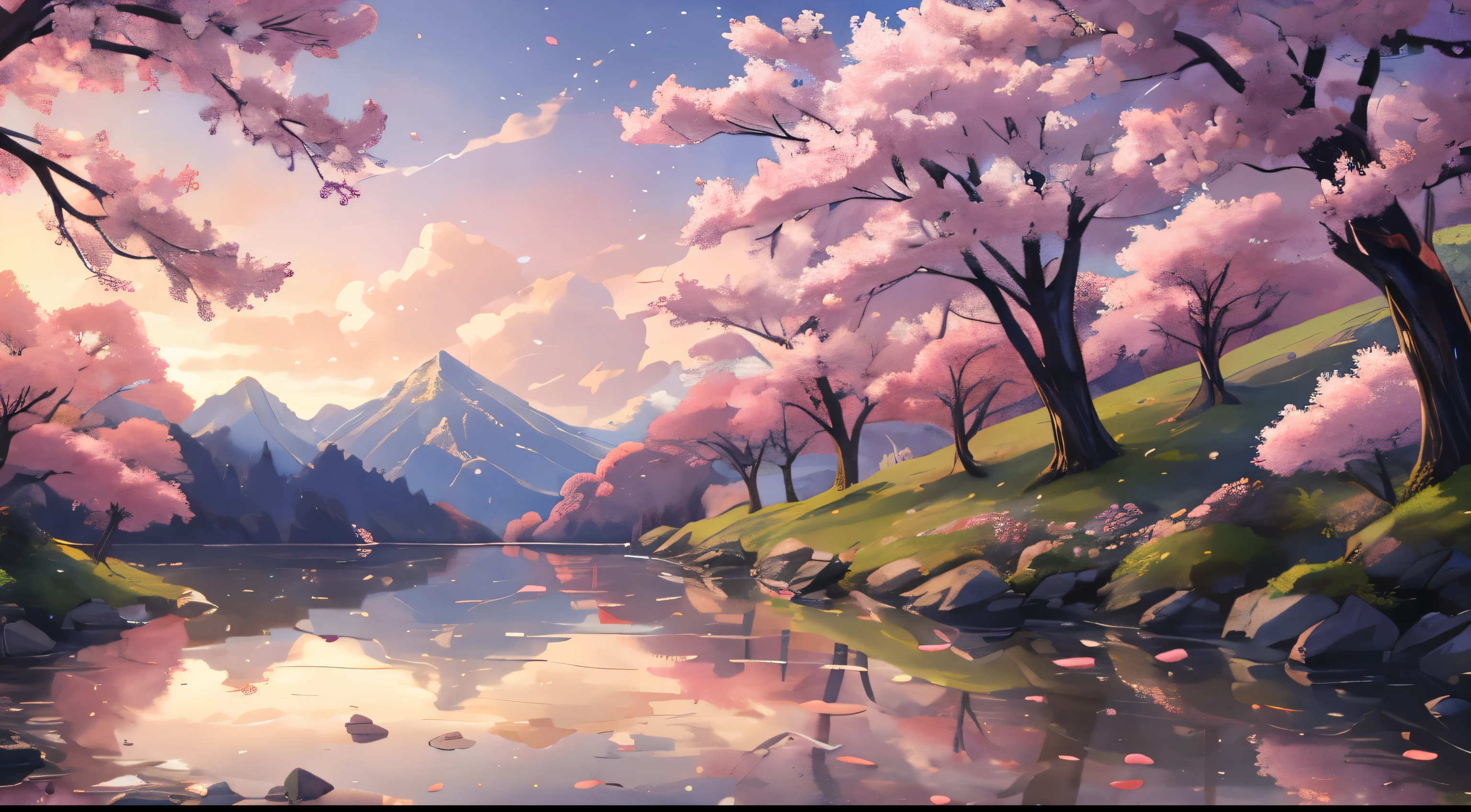 Underneath a pastel-hued sky, cherry blossoms gently cascade, painting the air with a delicate dance of petals. A tranquil river meanders through a lush, vibrant landscape, reflecting the soft glow of the setting sun. In the distance, majestic mountains stand as silent guardians, their peaks kissed by the warm hues of twilight. Amidst this ethereal scene, a lone character, silhouetted against the fading light, contemplates the beauty of the world, a moment frozen in time.