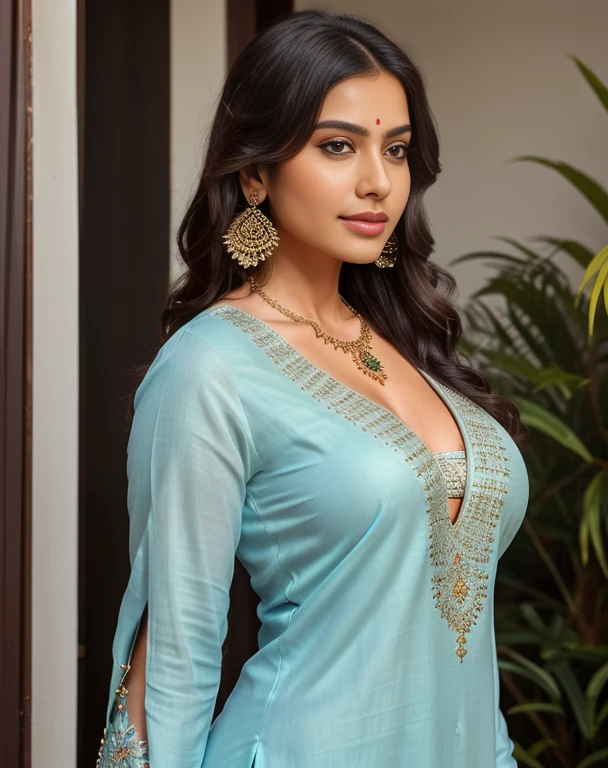 Shot on DSLR Prime Lens, background blur, Beautiful girl, breast size 36, Generate a high-resolution, realistic image of a beautiful Indian female, dressed in an elegant yet comfortable kurti pajama ensemble. Colorful shawl around her back, The kurti should be beautifully designed, adorned with intricate embroidery and elegant patterns, and it should have a modest neckline that covers her chest without revealing cleavage with traditional Indian jewelry, including delicate earrings, bangles, and a necklace that enhances her overall look, Sunshine outdoors with photoshoot model