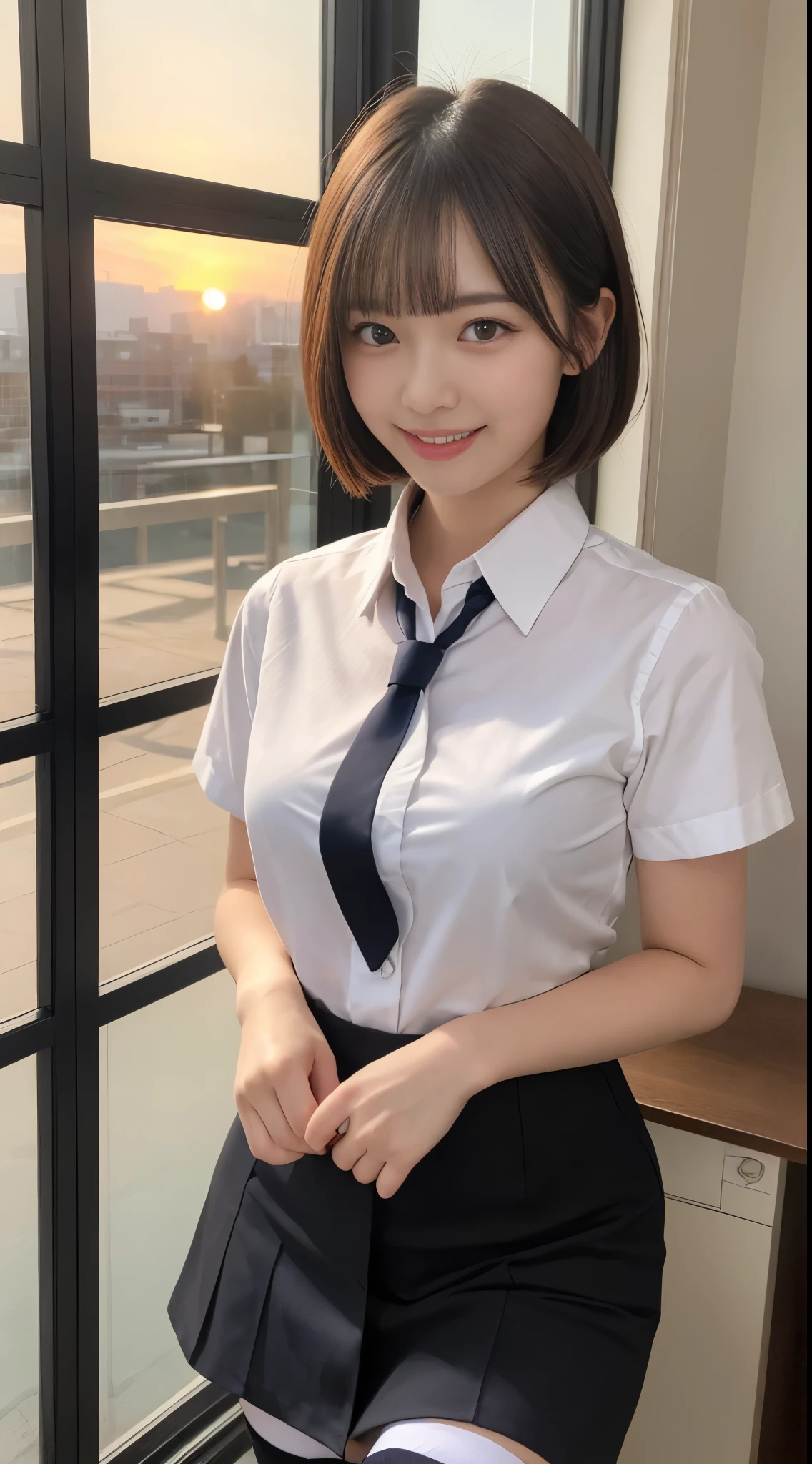 masutepiece, Best Quality, Illustration, Highly detailed, fine detail, high resolution, 8K Wallpaper, Perfect dynamic composition, Beautiful eye detail, tie, office uniform, stockings, short hair, (medium bust: 1.3), Thick sexy pose, Smile , school, 18 year old girl, (Funny: 1.2), Sexy shot looking at the camera, sunset, by the window,