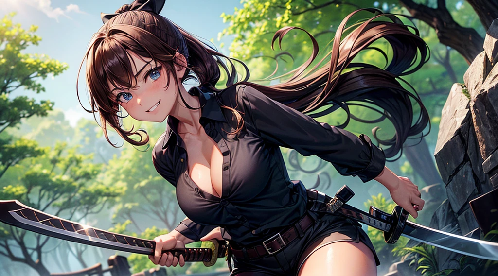 1girl, solo, full body, village, trees, brown hair, long hair, curly hair, ponytail, large breasts, button down shirt, ninja, ((black shirt)), ((unbuttoned shirt)), ((short sleeved shirt)), blue eyes, black shorts, samurai sword, grin, looking at the viewer, standng, hair ribbon, bandage