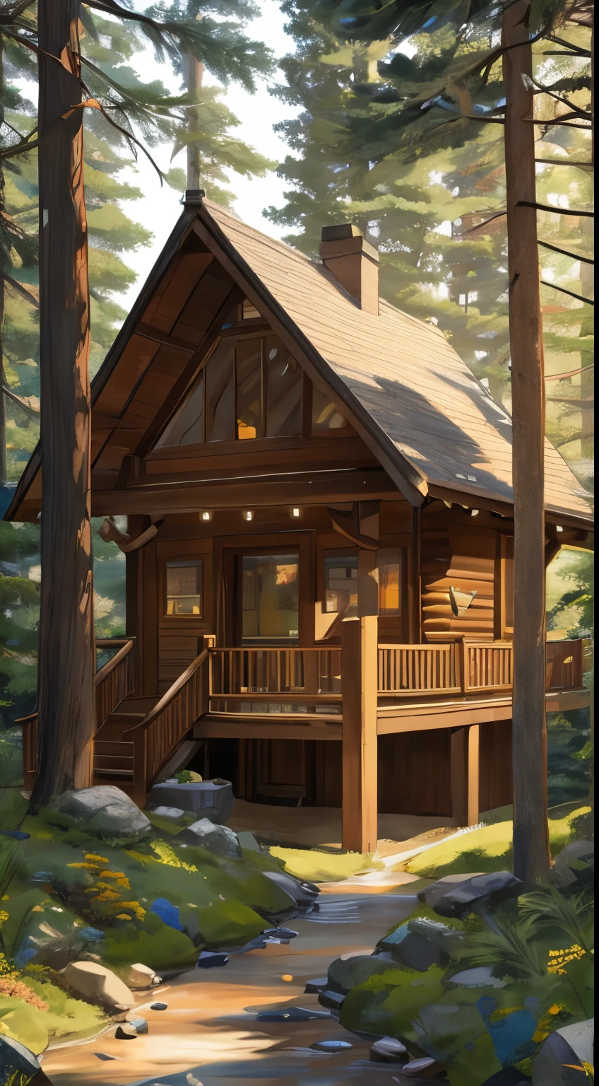 A cozy cabin nestled in a pine forest, where the gentle rustle of leaves harmonizes with the crackling warmth of a fireplace. Soft sunlight filters through the trees, casting dappled patterns on the comfortable reading nook. The scent of fresh earth and pine needles permeates the air, inviting a deep sense of relaxation. A nearby stream adds its melodic notes to the serene symphony, creating a haven where time seems to slow, and worries gently fade away.