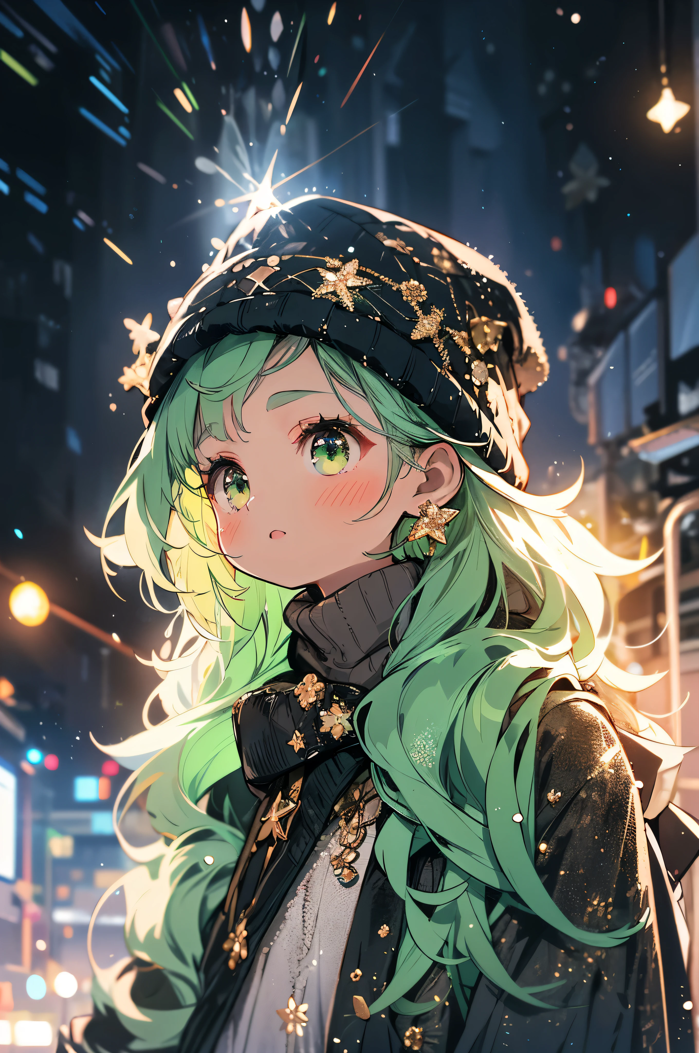 Brown skin1girl with,Look up at the snowy sky,.Moss Green Hair,Beautiful diamond accessories studded with sparkling gems,Black Down Coat,Cat ear knitted hat,The year-end and New Year holidays are coming soon,Cold days,Glitter,Delicate Makeup,Too eyebrows,very short bangs,moss green long hair