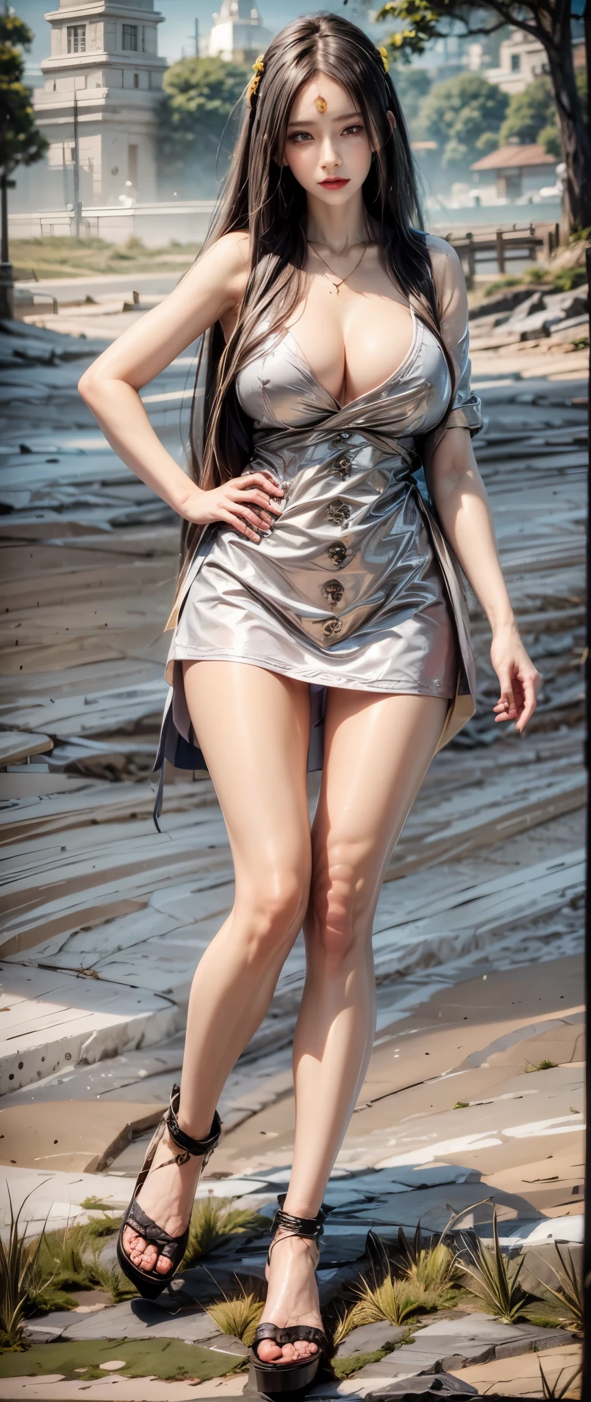 realistic, 1 women, best quality, 12k, HD, long hair, big round breasts, cleavage, ponytail, necklace, jewelry, shorts, short jacket, slim hips, hair tie, yellow eyes, black hair, super detailed, Eye details, hair details, person details, mouth details, face details, breast details, clothes details, hair details, pants details, hand details, whole body