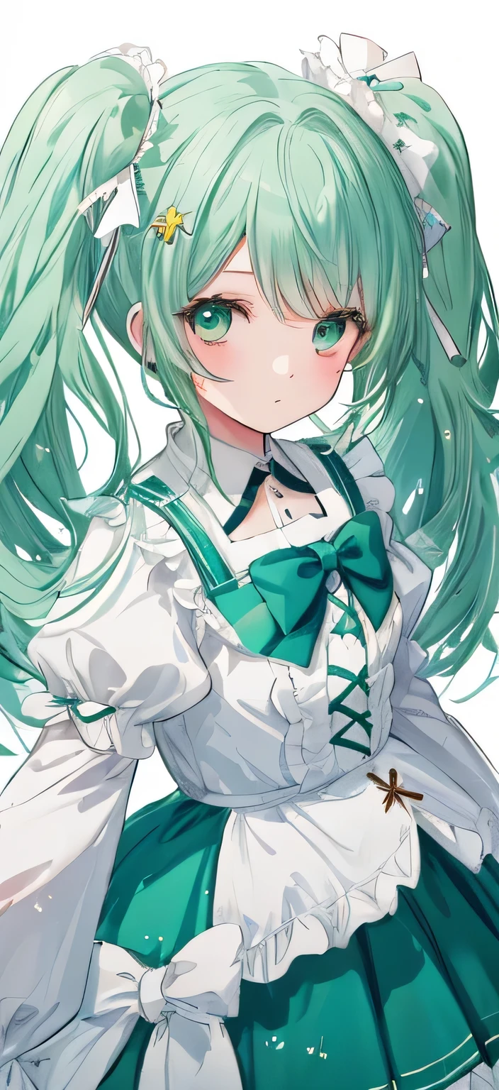 a close-up of a drawing of a girl with green hair, Top bewertet auf Pixiv, twintails white_Handschuhe, Pixiv-Stil, small curvy Loli, Loli, pixiv, splash art anime Loli, white cyan, Anime Moe Kunststil, Gewinner des pixiv-Wettbewerbs, Anime girl with teal straight hair, Lolita