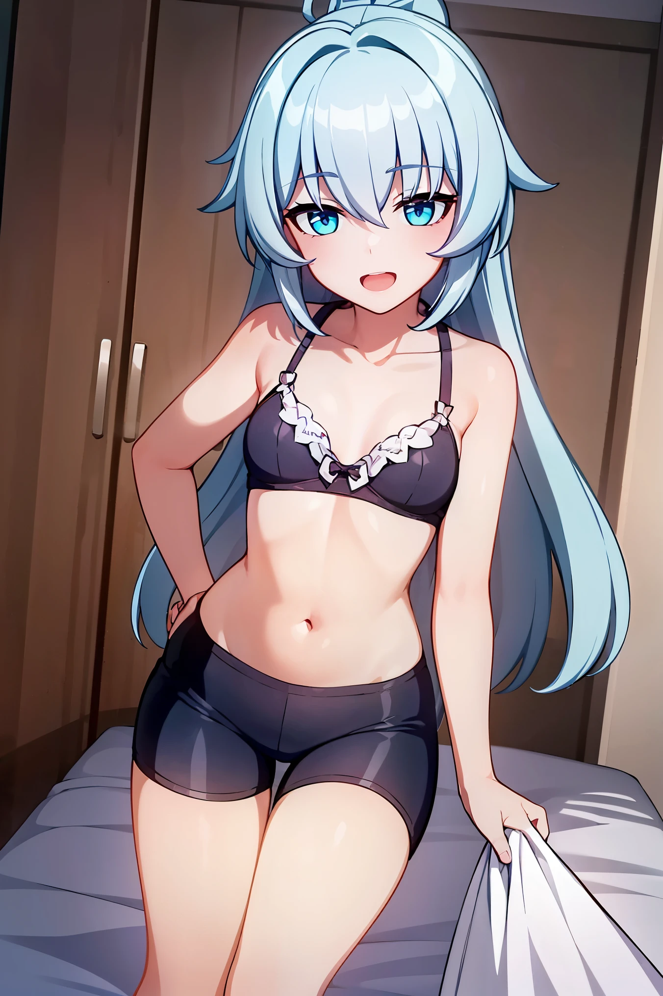 1 girl, best quality, ultra high res, long hair, blue hair, blue eyes, shigure kira, looking at viewers, small breast, standing, pov, slim body, loli body, small body, short body, smile, open mouth, white bra, black bike shorts, bedroom, white bed sheets,