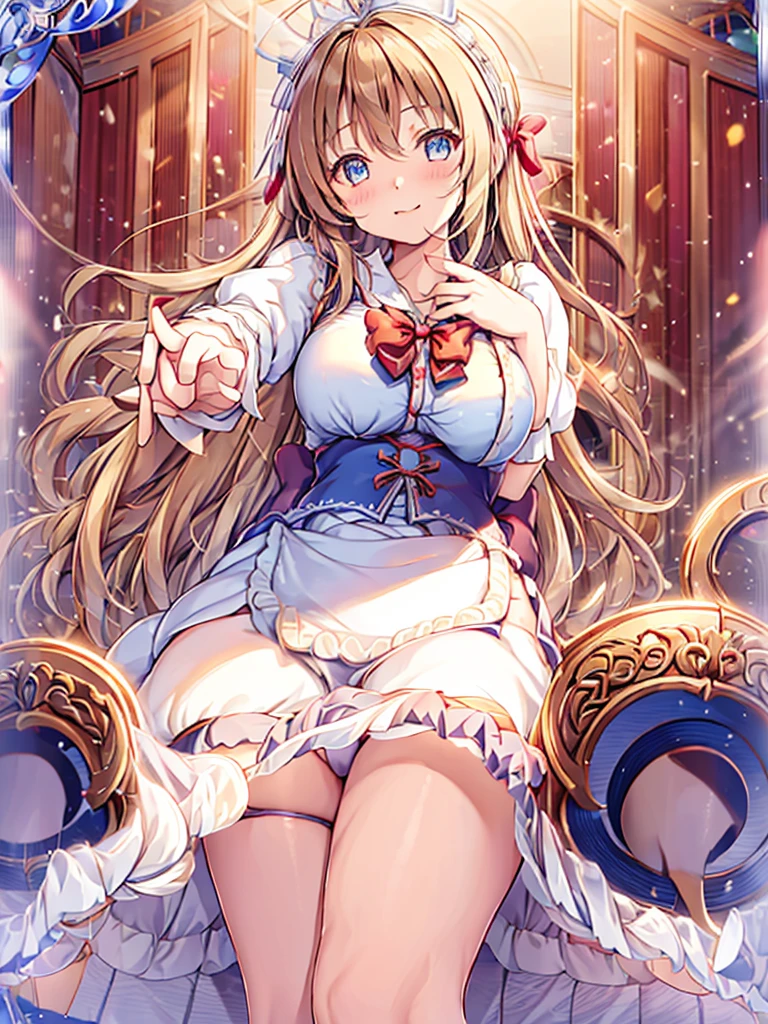 1girl in, (No Panties),(OPEN twat), length hair, blue eyess, blonde hair, diadems, sitting on, I don't wear any underwear、A pose where you can be seen from below、Spreading legs with both hands、Open twat, doress, the bow, The card, pinafore, shairband, Playing Cards, looking at the viewers, shortsleeves, the bow hair, Blue shairband, a smile, red blush, hand on own face, Blue doress, alice(alice in Wonderland), hair between eye, a chair, Black Panties hose, Blue the bow, a throne, puffy sleeves, Put your hand on your cheek, bangss, apron dress, shortsleeves, bow ribbon、Very length hair、mini crown、foot out of frame、frilld、White pinafore、:q、masterpiece、top-quality、((lifted skirt、twat、camel's toe)))、Not Safe for Work、anus,