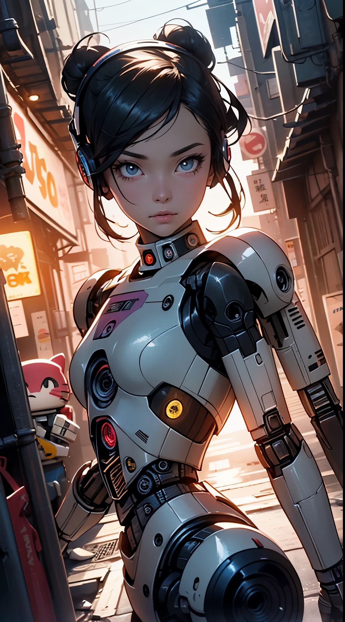 A young woman with porcelain skin and delicate features, dark hair with intricate cybernetic implants that blend into her helmet and natural appearance. The implants are made of metal and translucent with glowing wires, circuits, and elements. She is smoking a cigarette with smoke coming out of it, She is wearing a futuristic armor-like suit with exposed mechanical components and soft blue lights. She is wearing a special helmet with blue lights, and She holds a gun in one hand and rides a futuristic sports motorcycle. The background is a futuristic cityscape with soft lighting that highlights her robotic face. 9:16
