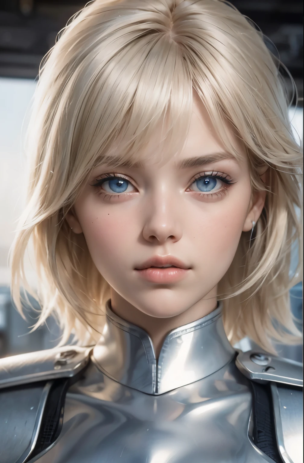 A beautiful blond-haired, blue-eyed woman holds a handgun toward the camera. Nineteen years old. Her bangs are down. Beautiful double eyes. The bridge of my nose. Well-shaped lips. He wears a silver metallic fiber combat uniform. 8K image quality.