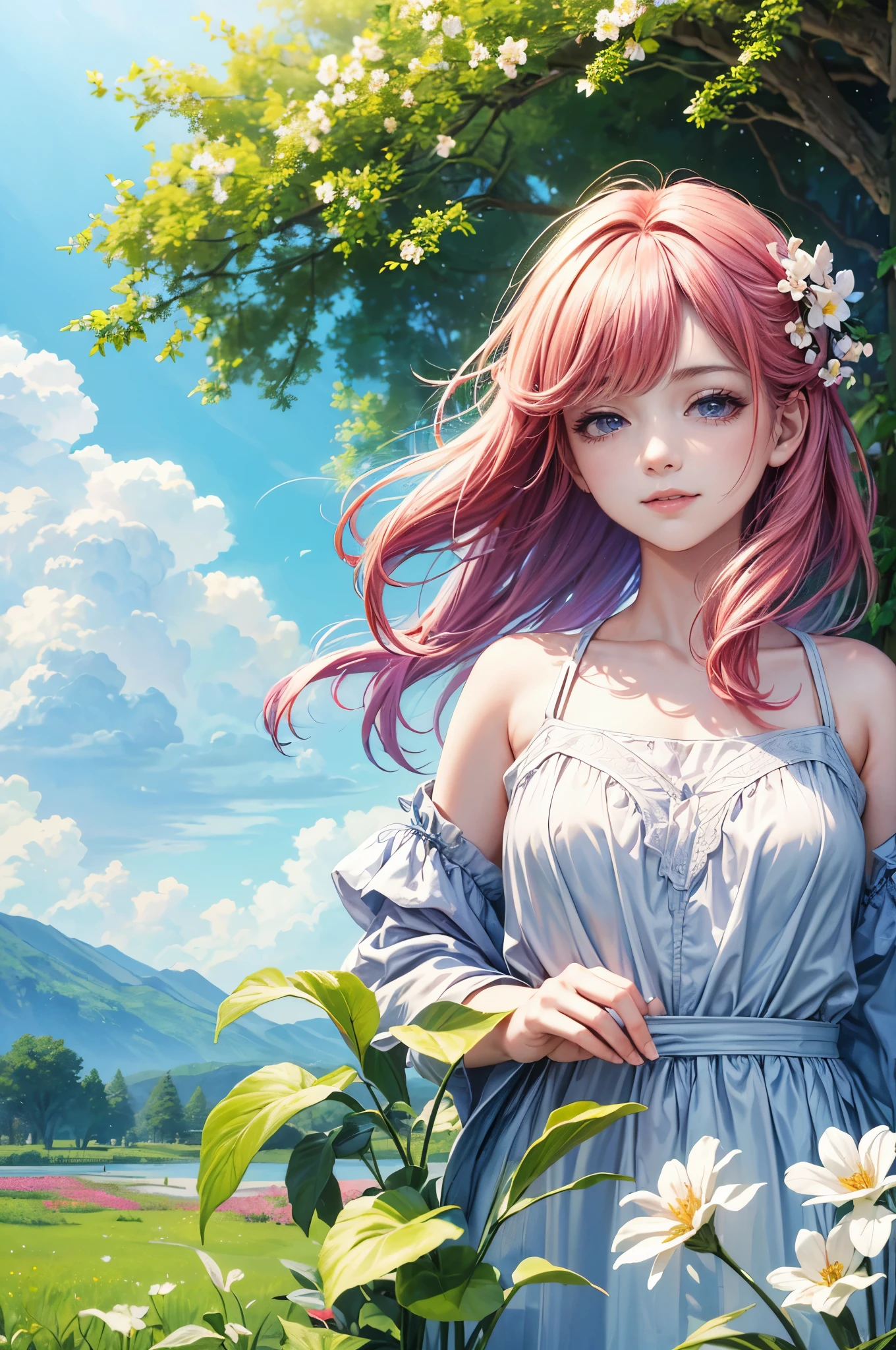 A girl in a garden, (best quality, 4k, 8k, highres, masterpiece:1.2), spring outfits, colorful hair, outdoor, clouds, upper body, flowers, sunlight, soft breeze, vibrant colors, joyful expression, natural lighting