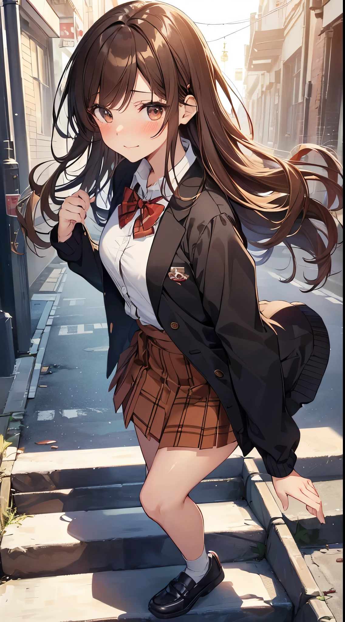 ((masutepiece, Best Quality, hight resolution, nffsw, Perfect Pixel, 4K, nffsw, nffsw))), 1girl in, Single, Solo, Beautie、full body seen、 ((Middle Wave Hair, Bangs, Brown hair)), ((Brown-eyed, Beautiful eyelashes, Realistic eyes)), ((Detailed face, Blushing:1.2)), ((Smooth texture:0.75, Realistic texture:0.65, Photorealistic:1.1, Anime CG style)), medium breasts, Dynamic Angle, Perfect body, ((red bowtie, School uniform, Black jacket, Open jacket, Brown cardigan, White shirt, Black skirt, plaid skirts)), City staircase、Looking up from the bottom of the stairs、Very embarrassing panic smile, turned around、bending forward、(The wind flipped my skirt and exposed my butt..................、Touching the buttocks with both hands、White floral lace panties), (Floating skirt:1.1),,( pantyshot:1.1),