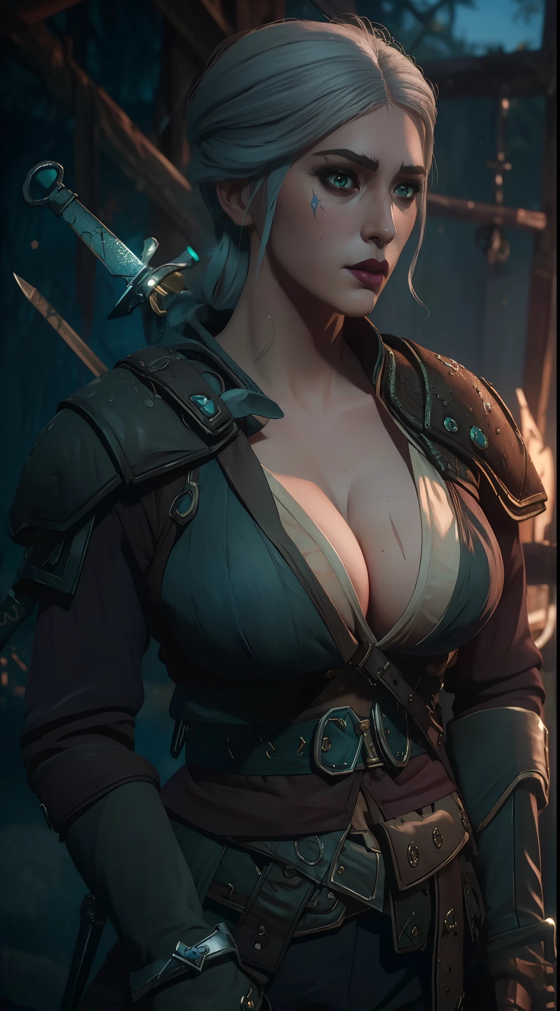 (masterpiece:1.3), (8k, photorealistic, RAW photo, best quality: 1.4), (1girl), (((Ciri from Witcher 3 with massive breasts))), overflowing cleavage, buttons straining, breast expansion,beautiful face, (realistic face), beautiful white hair, realistic green eyes, beautiful detailed green eyes, (realistic skin), beautiful skin, (sweater), absurdres, attractive, ultra high res, ultra realistic, highly detailed, golden ratio, deep cleavage,  sword hilt, ((facial curved scar  left cheek)), ((hilt  of sword Zireael)),