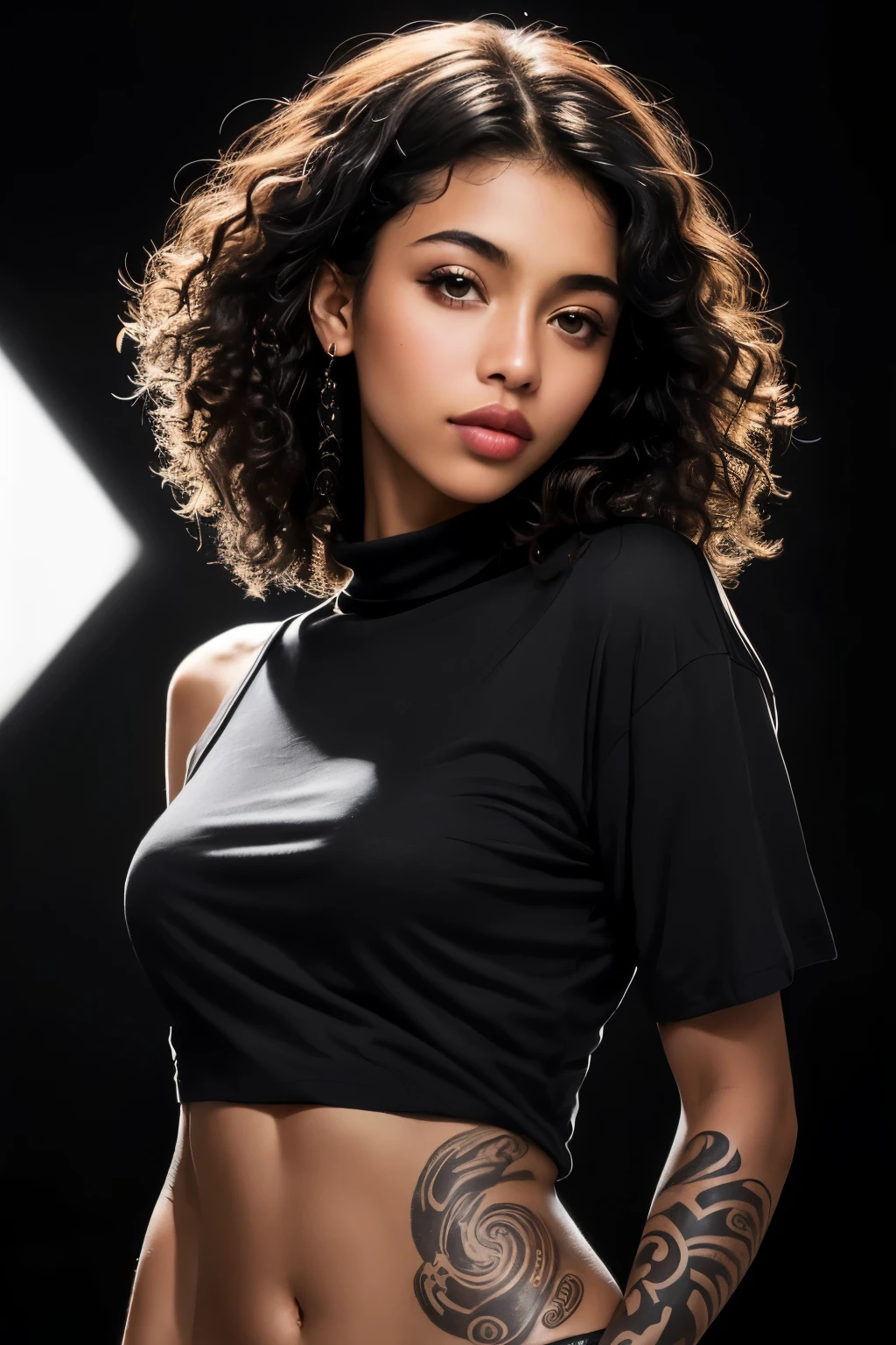 ((Design a plain mockup for a oversized solid-colored black crew neck blank t-shirt with no graphics)) worn by a Haitian female model with fit body type, projecting cool and confident vibes. The model's chocolate skin, curly brown hair  should add a playful and stylish touch, complementing the 'bad girl' aesthetic. Feature tattoos with edgy designs and capture a confident, alluring, romantic expression. Set the scene against a black gradient background with low lighting for a studio shoot ambiance, 8k, photorealistic, portrait, vibrant color, studio light, front view, Sony a7 iii, intricate detailled.
