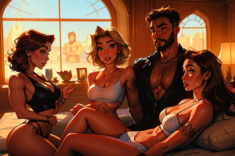 Muscular Handsome European ( tall&==((short-haired))) shirtless barbarian man with beard absolutely surrounded and being hugged and touched by (((three))) sexy women harem girlfriends bitches feeling his muscles and groin, women: long Flowing voluminous hair And curvy bodies with wide hips and nice asses, women wearing robes and underwear in a state of undress for clothes with straps draped on shoulders and waistbands on thighs, nobody looks identical, each person has a unique hair color and race and skin color, three of the hottest women to ever live loving this man, the three women share him as a boyfriend and enjoy helping him feel pleasure together, there are so many gorgeous women are here around this one man, they are desperately close to each other, expressions of ecstasy and joy and love on their faces, wrestling , hugging, tackling, massaging, grinding, Flirtatious, lounging in the fancy bedroom of a fantasy castle with windows, winter outside, romantic candlelight that glows, worshipping him, sexual, kissing, sexualized positions, glowing glistening wet skin, tattoos, , jewelry, faces of pleasure and joy, pressing themselves together, romance novel cover poses, women competing for attention , one woman to his right and one woman to his left and one woman behind him, full body shot, (((ONLY ONE MAN))), orgy, if one woman has dark hair then the second one must have red hair and the third have blonde hair. If one is Asian than the other one is European and the third one is Polynesian and the fourth is African, nobody looks at the camera, everybody looks into another person's eyes, some women face Forward while other's face sideways and others face behind but all of them are facing the man