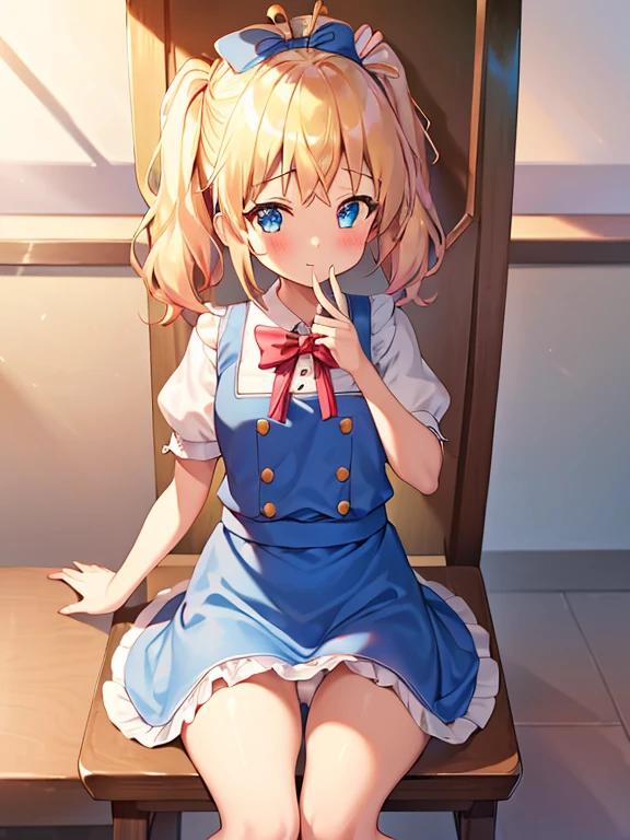 1girl in, (No Panties),(OPEN twat), length hair, blue eyess, blonde hair, diadems, sitting on, I don't wear any underwear、A pose where you can be seen from below、Spreading legs with both hands、Open twat, doress, the bow, The card, pinafore, shairband, Playing Cards, looking at the viewers, shortsleeves, the bow hair, Blue shairband, a smile, red blush, hand on own face, Blue doress, alice(alice in Wonderland), hair between eye, a chair, Black Panties hose, Blue the bow, a throne, puffy sleeves, Put your hand on your cheek, bangss, apron dress, shortsleeves, bow ribbon、Very length hair、mini crown、foot out of frame、frilld、White pinafore、:q、​masterpiece、top-quality、((lifted skirt、twat、camel's toe)))、Not Safe for Work、anus,