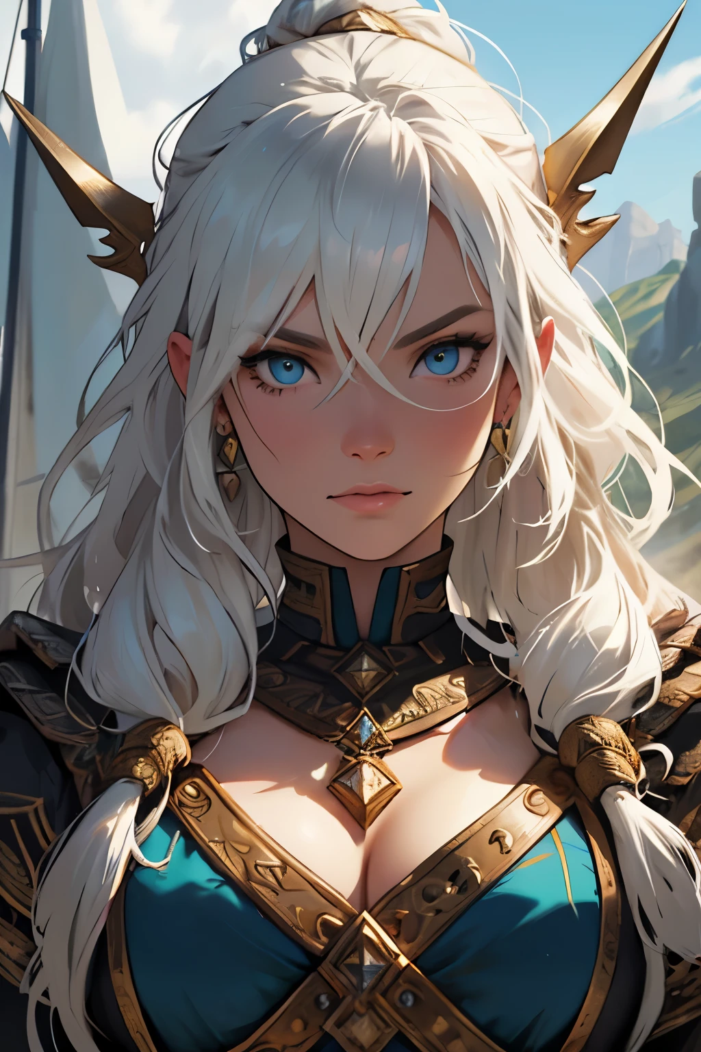 um close up de uma mulher com uma espada e uma espada, Epic RPG Portrait, female viking, Norse goddess, valkyrie style character, retrato detalhado do caractere, Commission for High Res, Donzela de Cristal, Retrato druida, retrato de rpg, crisp and clear RPG portrait, dwarven woman, Retrato de um mago feminino, portrait of a female druid, Guerreira do Norte, Retrato de um clube