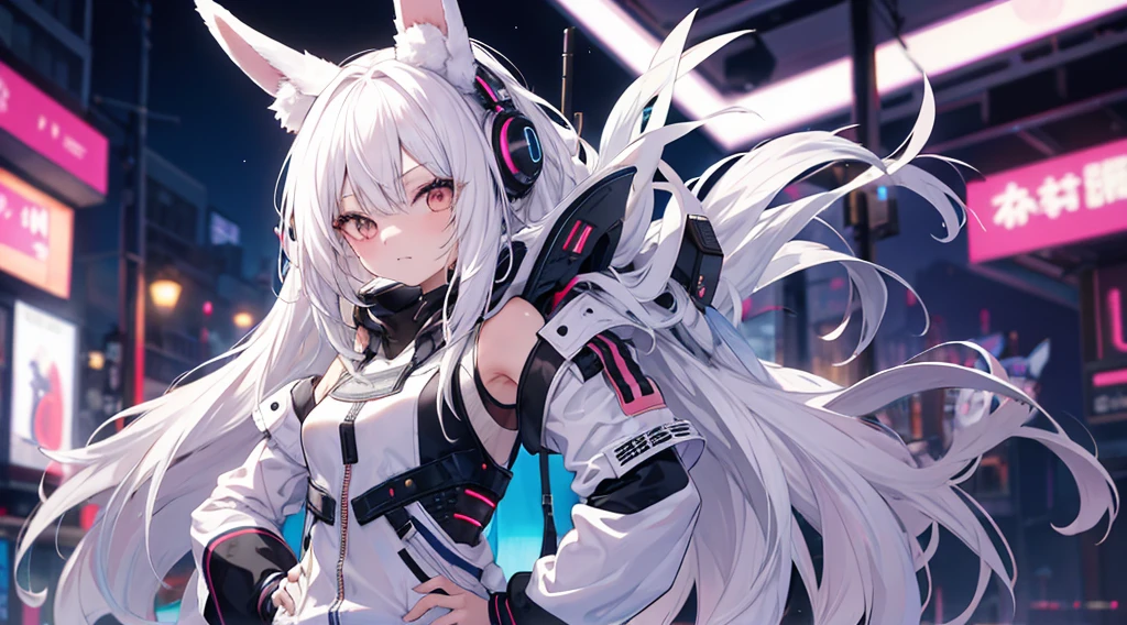 tmasterpiece,1girll,独奏,long whitr hair,white color hair,hoody,cropped shoulders:1.2,bunny ears,the street,hand on hips,hand on pockets,cyber punk perssonage,Bad laughs,luring,looking at viewert,The background is blurred out,The upper part of the body,
