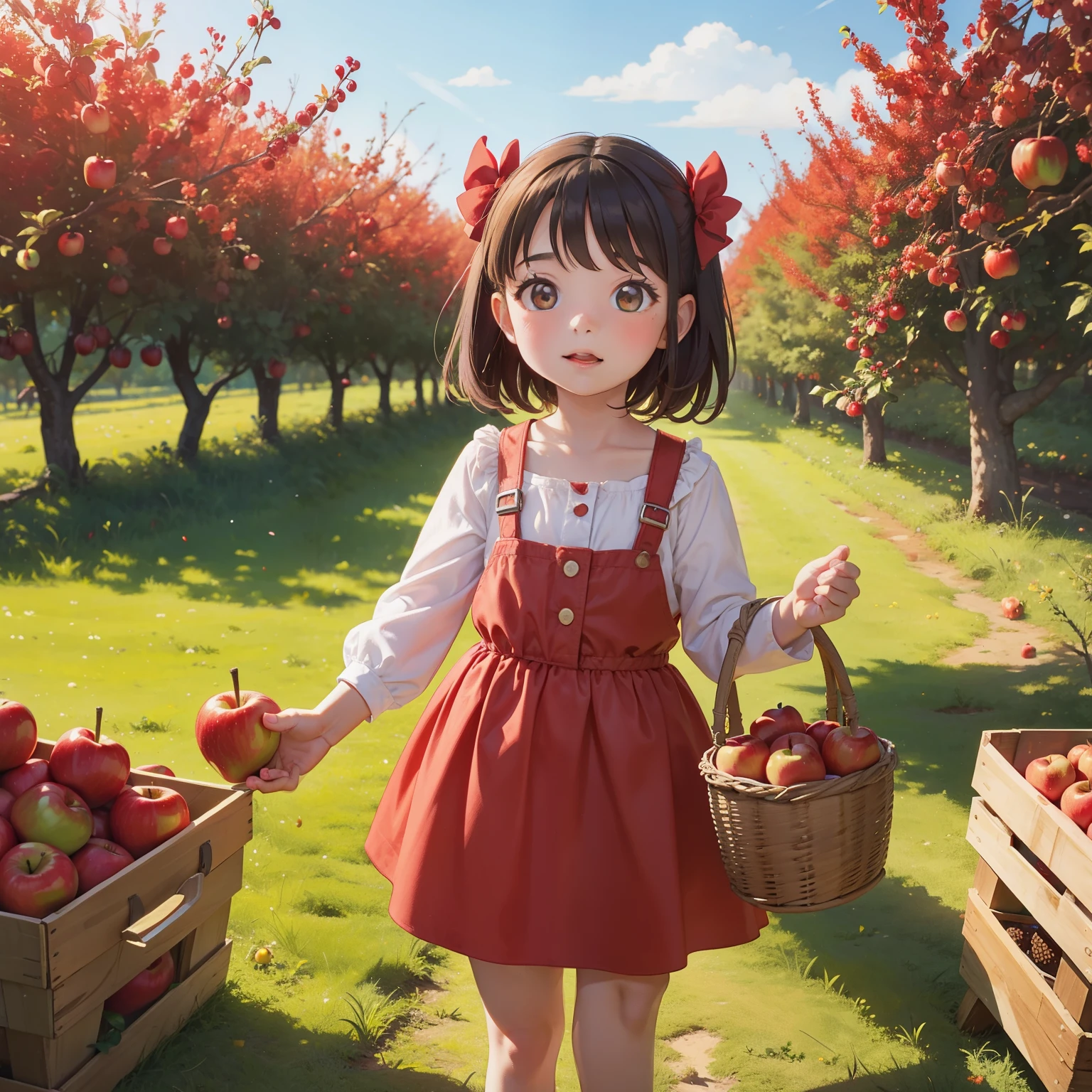 Photorealistic、Chibi Girl（Harvesting cherry tomatoes、A lot of cherry tomatoes in a basket、smile）