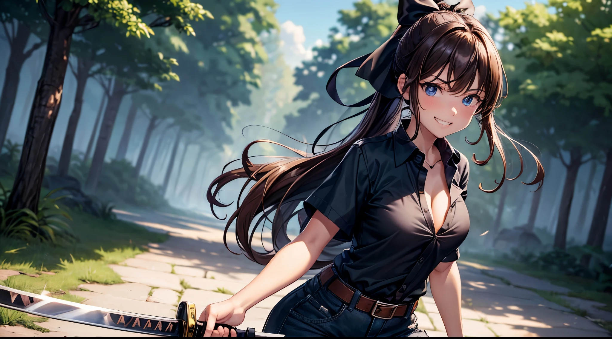1girl, solo, village, trees, brown hair, long hair, curly hair, ponytail, large breasts, button down shirt, ninja, ((black shirt)), ((unbuttoned shirt)), ((short sleeved shirt)), blue eyes, black shorts, katana, grin, looking at the viewer, standng, hair ribbon, bandage