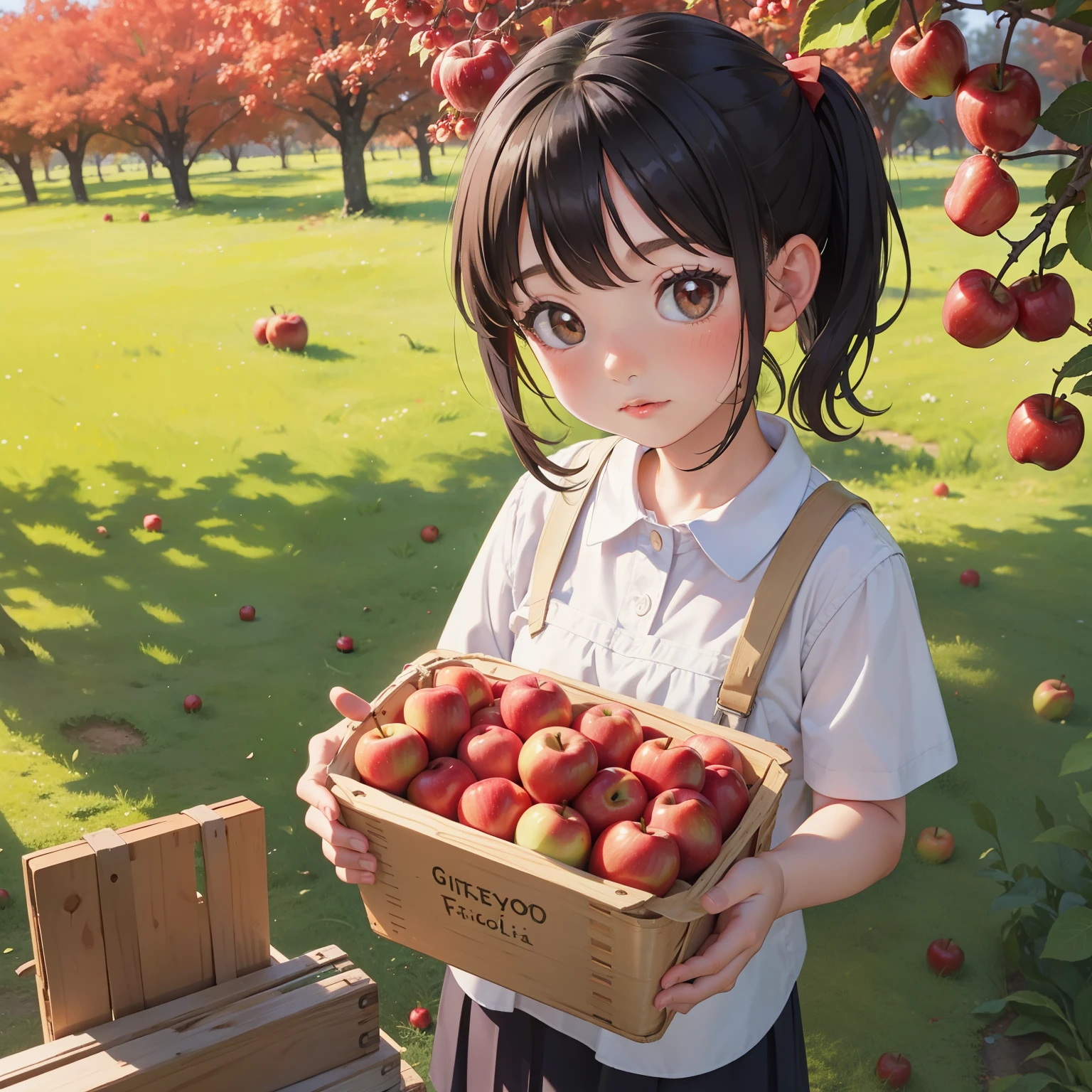Little girl, Picking apples in an apple orchard, The trees are full of red apples.