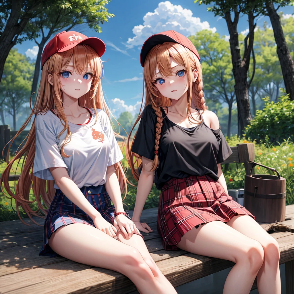 red blonde、blue eyess、Braids、one good looking girl、独奏、animesque、Plaid miniskirt、Black T-shirt、camisole、the woods、Sunlight、sitting on、Wearing a plaid baseball cap、bare-legged、Tilting your face、With a cheek cane