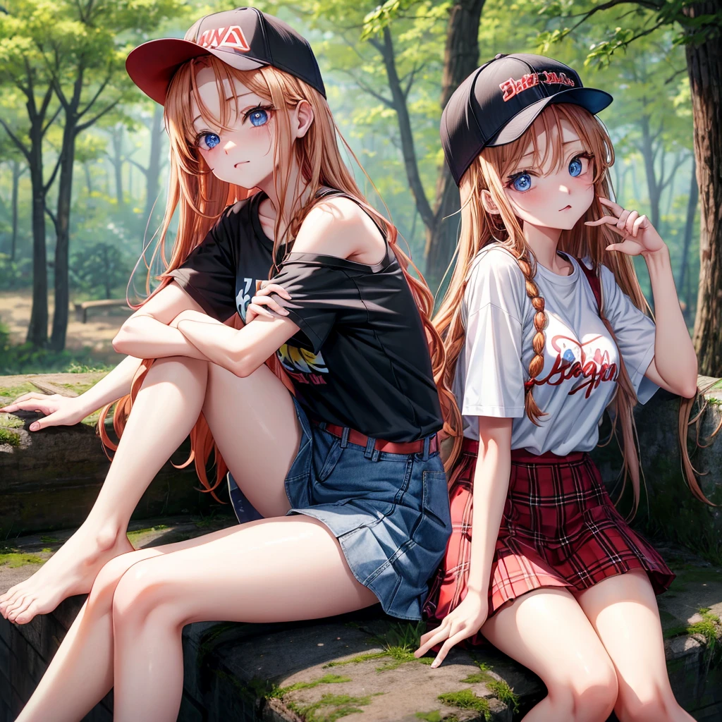 red blonde、blue eyess、Braids、one good looking girl、独奏、animesque、Plaid miniskirt、Black T-shirt、camisole、the woods、Sunlight、sitting on、Wearing a plaid baseball cap、bare-legged、Tilting your face、With a cheek cane