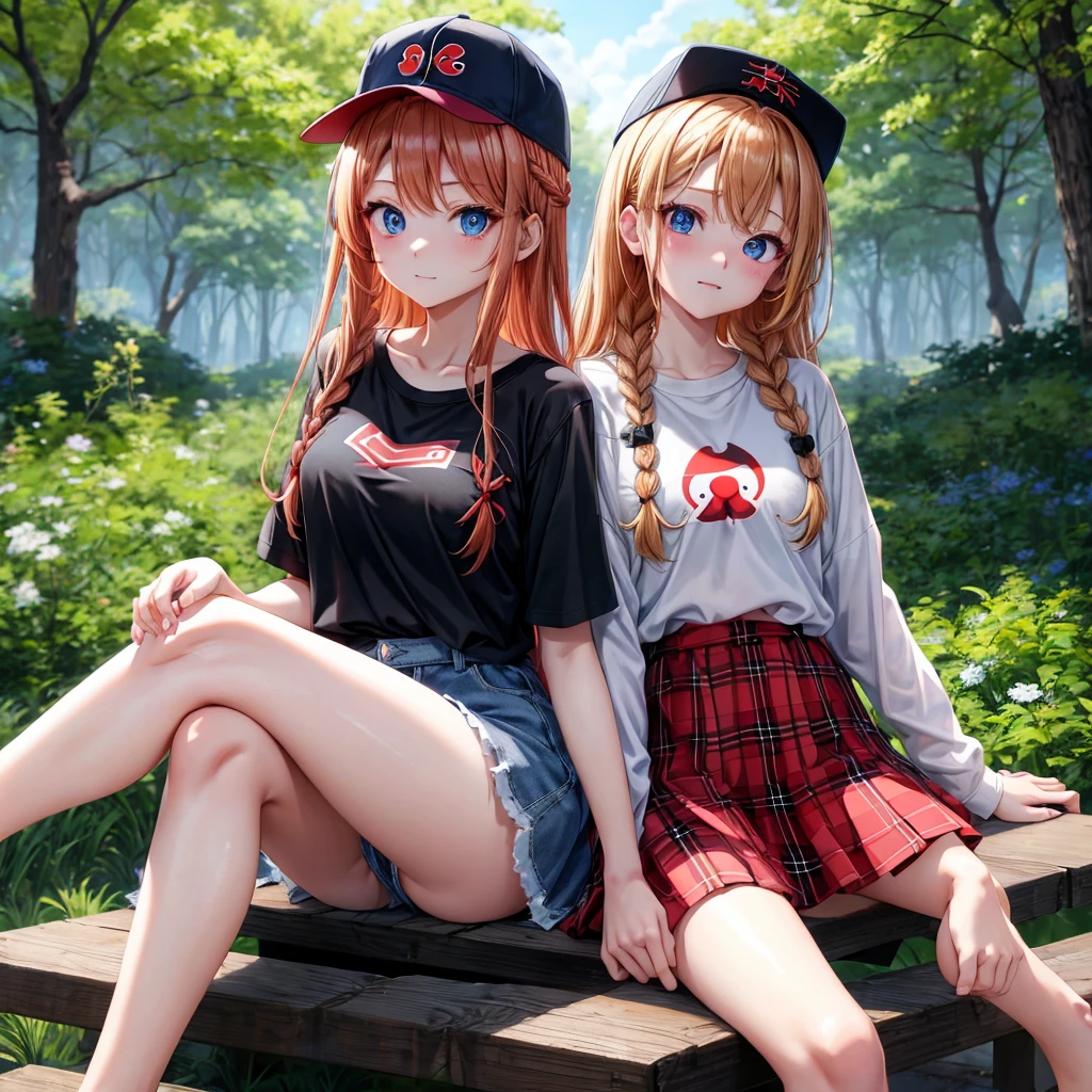 red blonde、blue eyess、Braids、one good looking girl、独奏、animesque、Plaid miniskirt、Black T-shirt、camisole、the woods、Sunlight、sitting on、Wearing a plaid baseball cap、bare-legged、Tilting your face、With a cheek cane