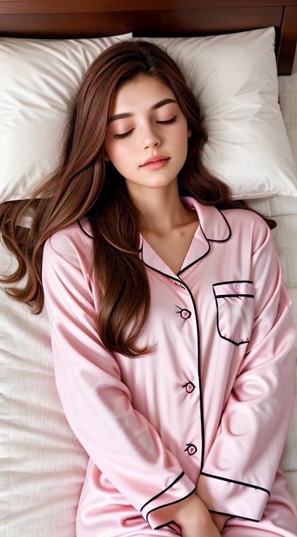 Sleeping girl, 22 years old, realistic, she is wearing long pants, she is wearing pink pajama, brown hair.