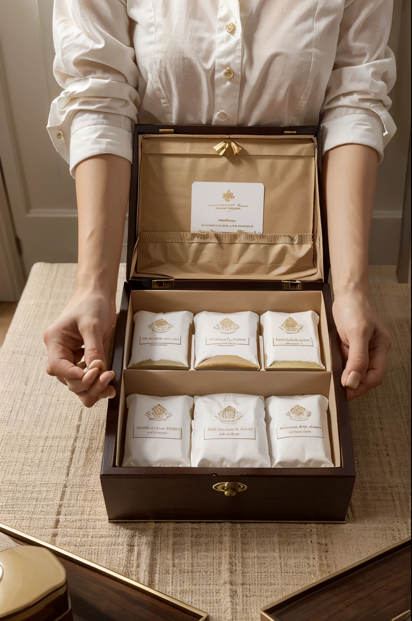 An exquisite plain gift box with a slight glossy effect on the outer surface. After opening the gift box, you can see that there are packages of small tea brewing bags inside. The tea brewing bags are neatly arranged in the gift box, showing a For an orderly and organized aesthetic, use a detailed divider or lining to ensure each tea bag retains its place