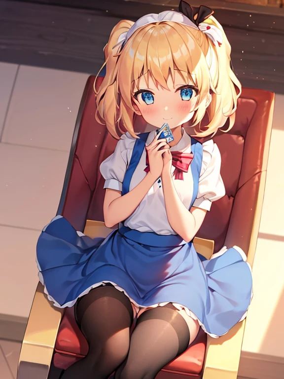 1girl in, (No Panties),(OPEN twat), length hair, blue eyess, blonde hair, diadems, sitting on, I don't wear any underwear、A pose where you can be seen from below、Spreading legs with both hands、Opun Pussy, doress, the bow, The card, pinafore, shairband, PlayingCards, looking at the viewers, shortsleeves, the bow hair, Blue shairband, a smile, red blush, hand on own face, Blue doress, alice(alice in Wonderland), hair between eye, a chair, Black pantyhose, Blue the bow, a throne, puffy sleeves, Put your hand on your cheek, bangss, apron dress, shortsleeves, bow ribbon、Very length hair、mini crown、foot out of frame、frilld、White pinafore、:q、​masterpiece、top-quality、((lifted skirt、Pussy、camel's toe)))、SEX、NFSW、anus,