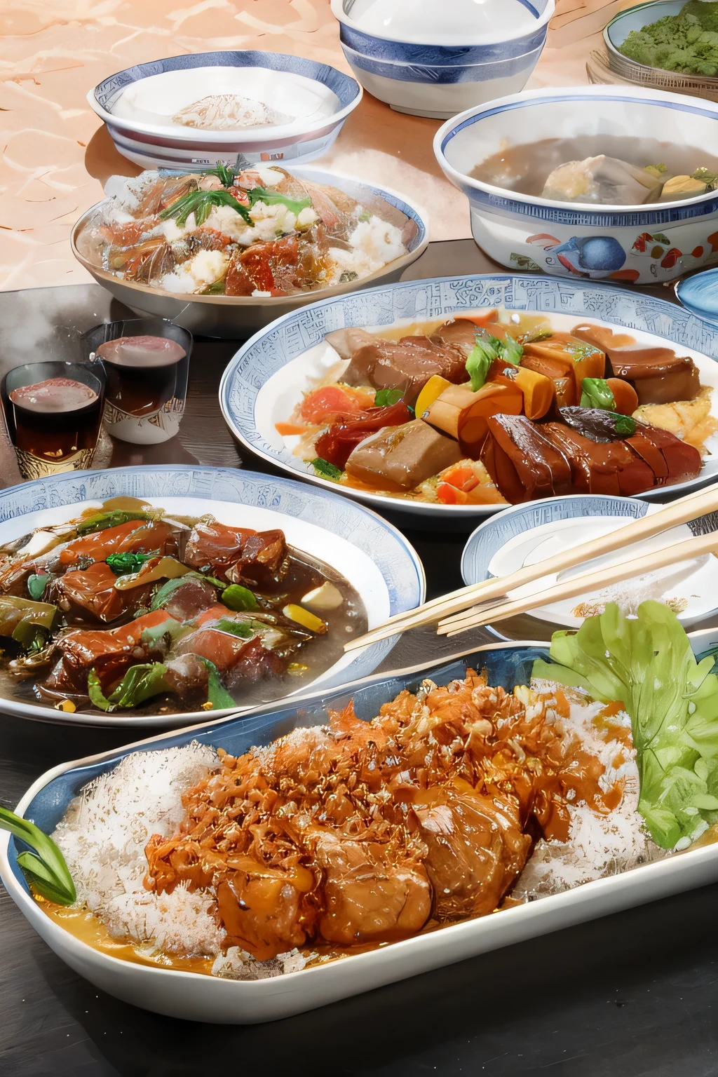 There are several plates of food on the table，And chopsticks, china idol, traditional china idol, Delicious food, delicious food, sichuan, beijing, delicious的, Pan Renwei style, appearance, china idol style, su fu, plate, Korean dinner, mountain water, feast, Close-up of food, olet, delicious, Family dinner, illinois, Appetizing, Yizhuang