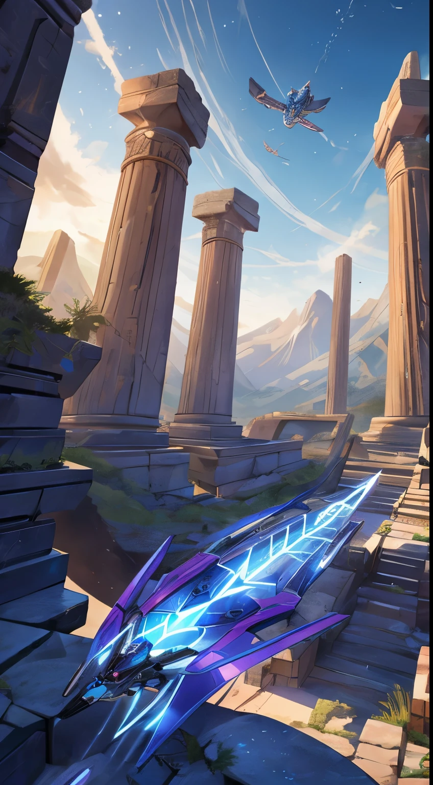 In a landscape that bridges the mystical era of 1197 BC and the technological marvels of 2050, envision a realm where celestial Nāgas, their serpentine forms intertwined with cybernetic enhancements, gracefully navigate a terrain adorned with ancient ruins and futuristic skyscrapers. Garudas soar above, their wings augmented by aerodynamic technology, leaving trails of vibrant light in their wake.