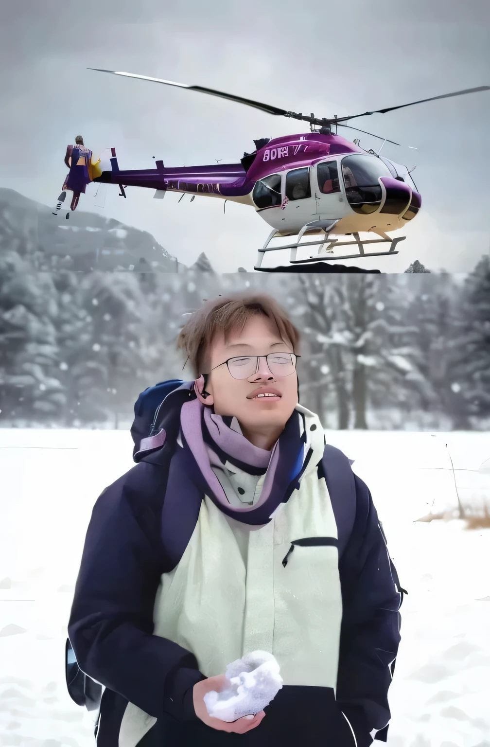 Background of snow,There is a helicopter ,Kobe Bryant in a helicopter,Kobe Bryant looks down,realistically, realistically,Gorgeous steampunk, Cinematic, leaves fluttering in the wind, In the daytime, Wet, Bright lights, Complicated details, shallowdepthoffield, Cinematic, filmgrain, Vignette frame, hyper realisitc