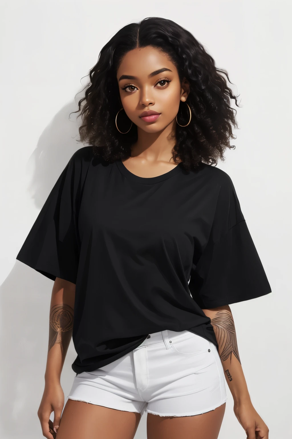 ((Design a plain mockup for a oversized solid-colored black crew neck blank t-shirt with no graphics)) worn by a Haitian female model with fit body type, Not too much makeup, projecting cool and confident vibes. The model's black skin, curly brown hair should add a playful and stylish touch, complementing the 'bad girl' aesthetic. Feature tattoos with edgy designs and capture a confident, alluring, romantic expression. Set the scene against a black gradient background with low lighting for a studio shoot ambiance, 8k, photorealistic, portrait, vibrant color, studio light, face to camera, front view, Sony a7 iii, intricate detailled.