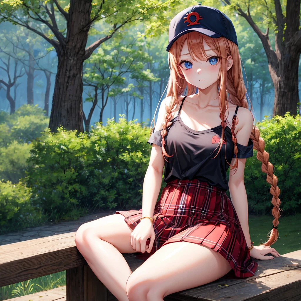 red blonde、blue eyess、Braids、one good looking girl、独奏、animesque、Plaid miniskirt、Black T-shirt、camisole、the woods、Sunlight、sitting on、Wearing a plaid baseball cap、bare-legged、Tilting your face、With a cheek cane