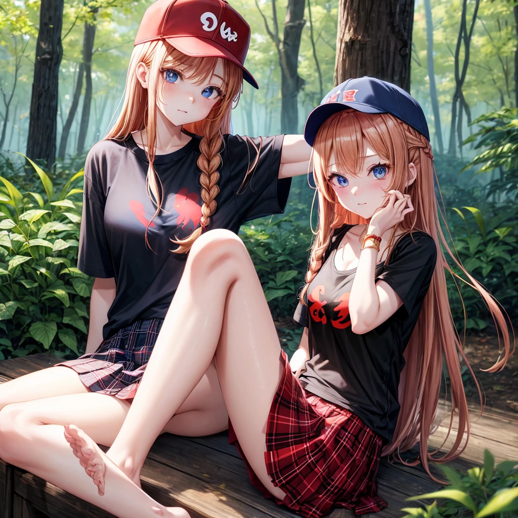 red blonde、blue eyess、Braids、one good looking girl、独奏、animesque、Plaid miniskirt、Black T-shirt、camisole、the woods、Sunlight、sitting on、Wearing a plaid baseball cap、bare-legged、Tilting your face、With a cheek cane
