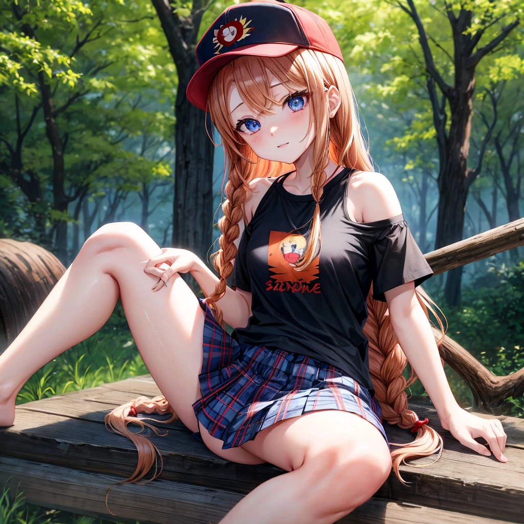 red blonde、blue eyess、Braids、one good looking girl、独奏、animesque、Plaid miniskirt、Black T-shirt、camisole、the woods、Sunlight、sitting on、Wearing a plaid baseball cap、bare-legged、Tilting your face、With a cheek cane