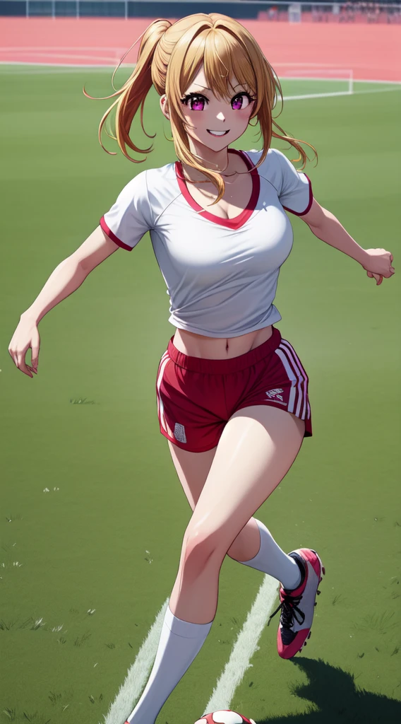anime, beautiful face, highly detailed face, 2 accurate legs, pink detailed eyes, highly detailed background, perfect lighting, accurate arms, accurate hands, accurate fingers, blonde hair, full body, 1girl, solo, ruby hoshino, oshi no ko, outdoors absurdres, high res, ultrasharp, 8K, masterpiece, looking at the opponent, (full body:1.4), teasing smile, tight football t-shirt, tight sport shorts, playing football against someone, cleavage, on a soccer pitch, running towards viewer, soccer
