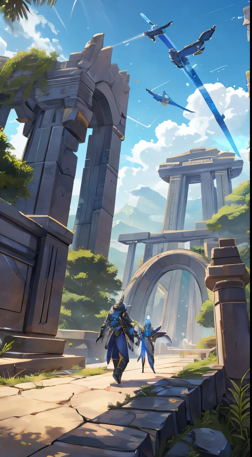 In a landscape that bridges the mystical era of 1197 BC and the technological marvels of 2050, envision a realm where celestial Nāgas, their serpentine forms intertwined with cybernetic enhancements, gracefully navigate a terrain adorned with ancient ruins and futuristic skyscrapers. Garudas soar above, their wings augmented by aerodynamic technology, leaving trails of vibrant light in their wake.
